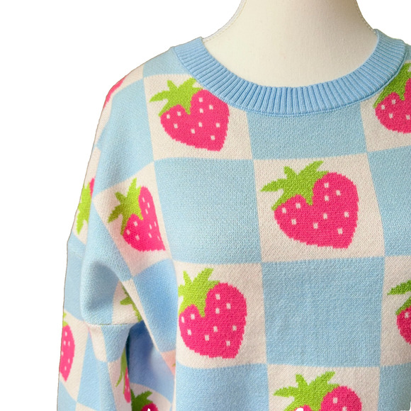 Luna Ivy Strawberry Checkerboard Knit Sweater Blue Pink Y2K Kawaii Pastel S - Picture 2 of 11